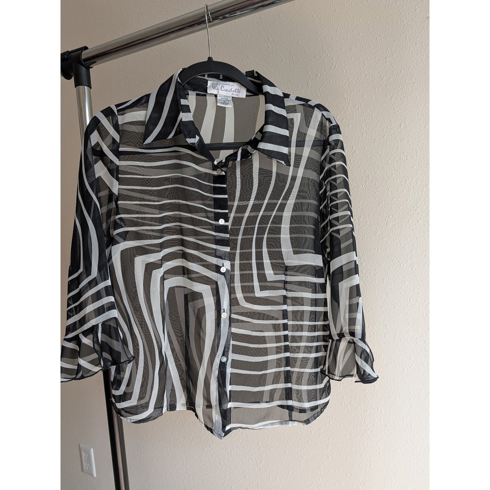 Via Condotti Sheer Geometric Blouse Black White Abstract 3/4 Ruffle Sleeve M